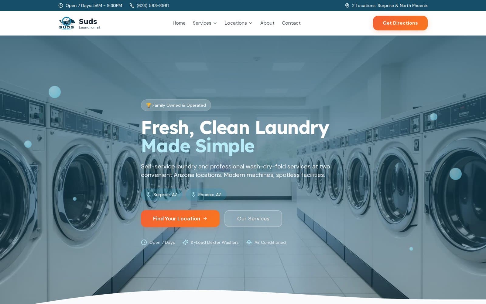 Live screenshot of Suds Laundromat (sudslaundryaz.com)